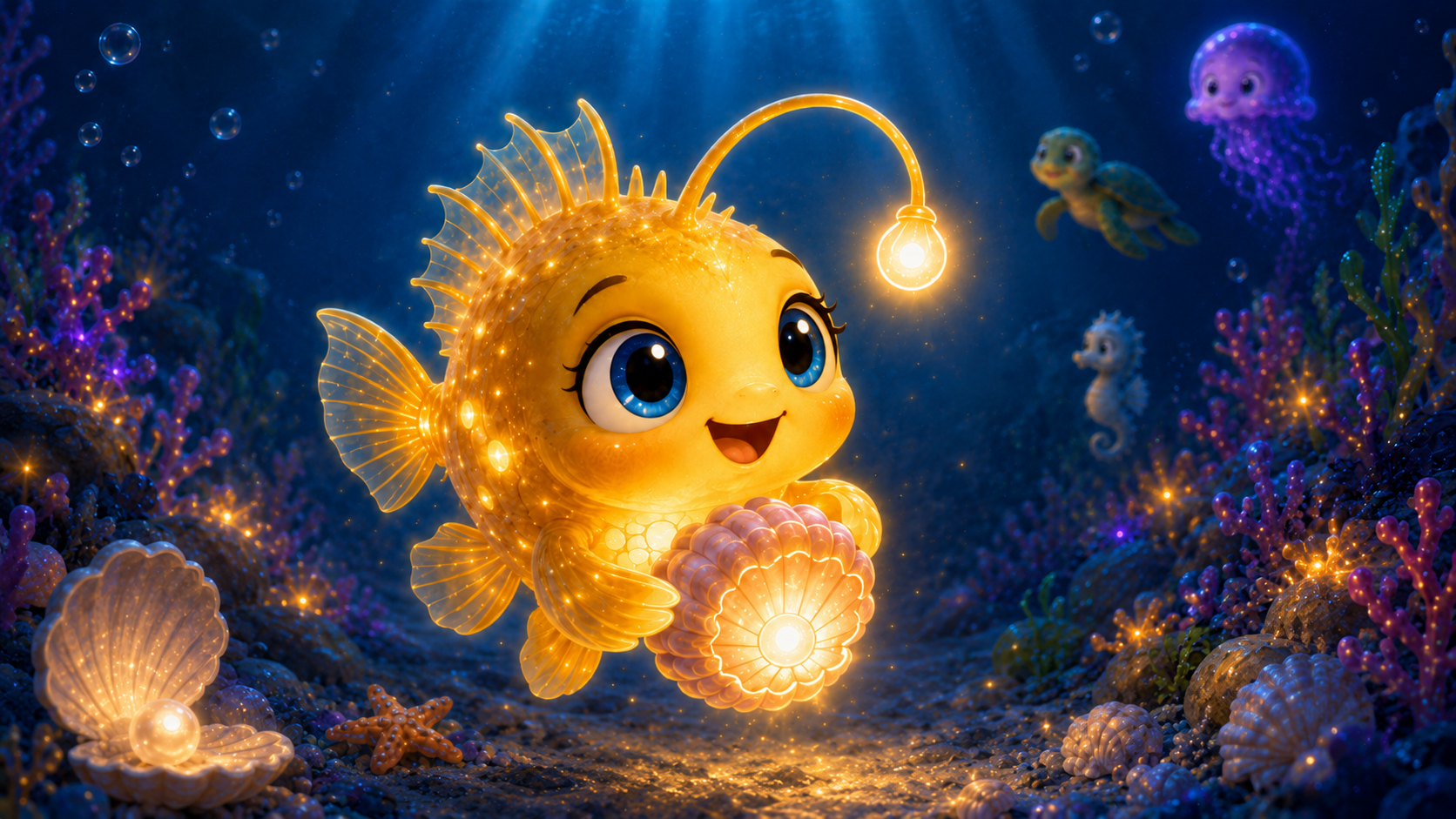 Lumi, a golden-yellow lanternfish with bright blue eyes and a glowing lantern, from LanternTree Kids.